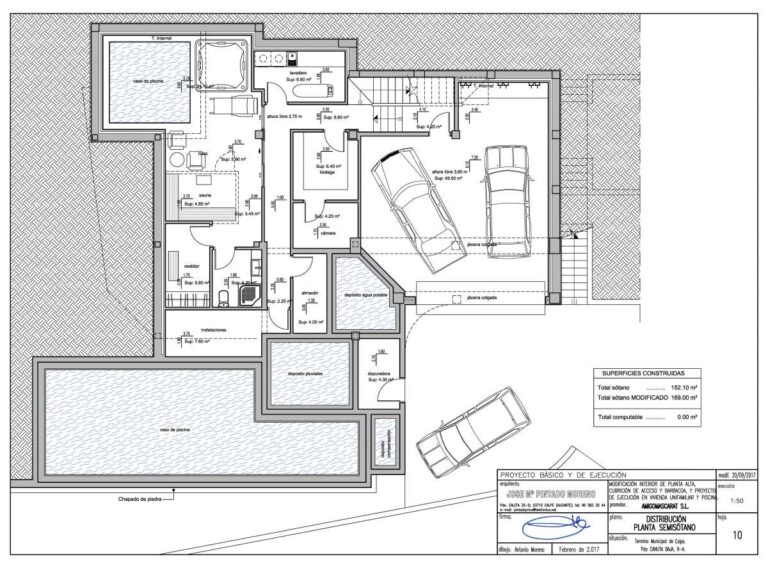 Lower level floor plan for a luxury villa in Calpe showing garage, wellness area, wine cellar, service rooms and indoor pool layout