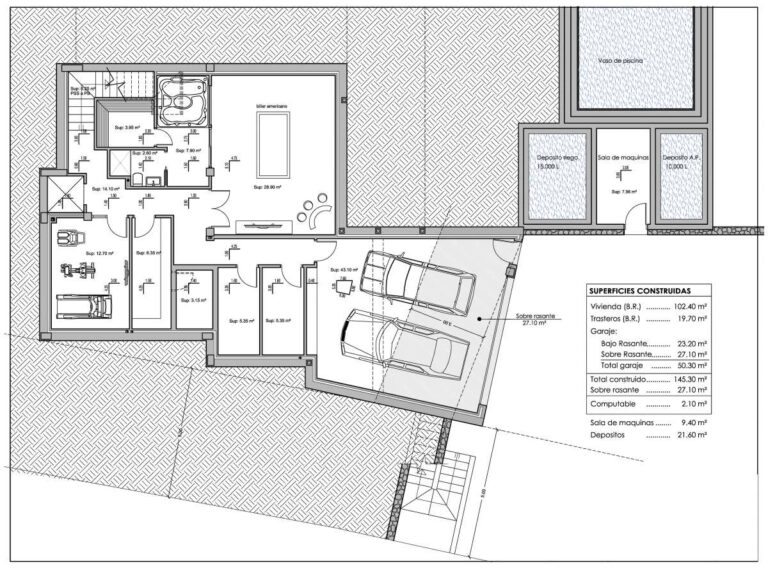 Lower level floor plan for a modern second-line sea villa in La Calalga, Calpe showing garage, storage, interior rooms and access areas