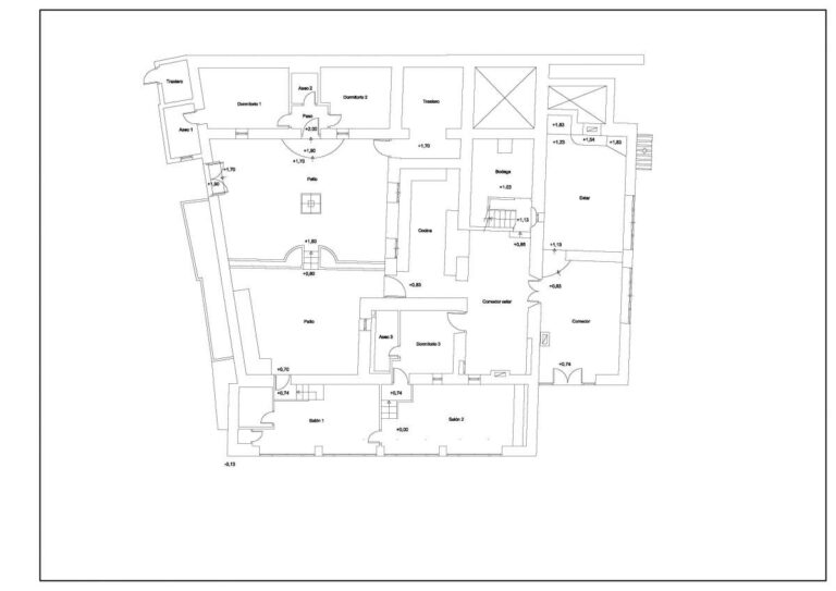 Main floor plan for a historic finca in Benissa showing bedrooms, living areas, bathrooms and interior room layout
