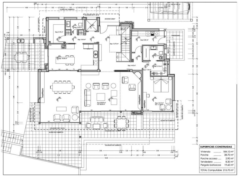 Main floor plan for a modern second-line sea villa in La Calalga, Calpe showing living areas, kitchen, bedrooms and terraces