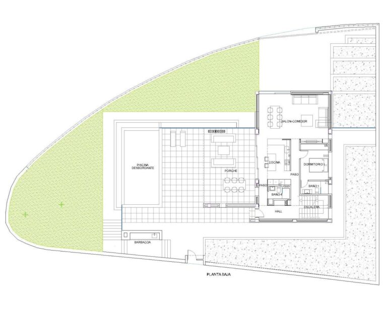 Main floor plan for a new-build luxury villa in Moraira showing living areas, kitchen, bedrooms, terraces, pool and garden layout