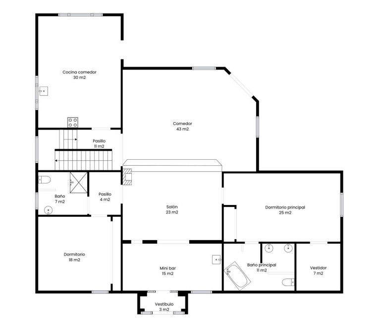 Main floor plan of a private villa in Calpe showing bedrooms, bathrooms, kitchen, living areas and terraces