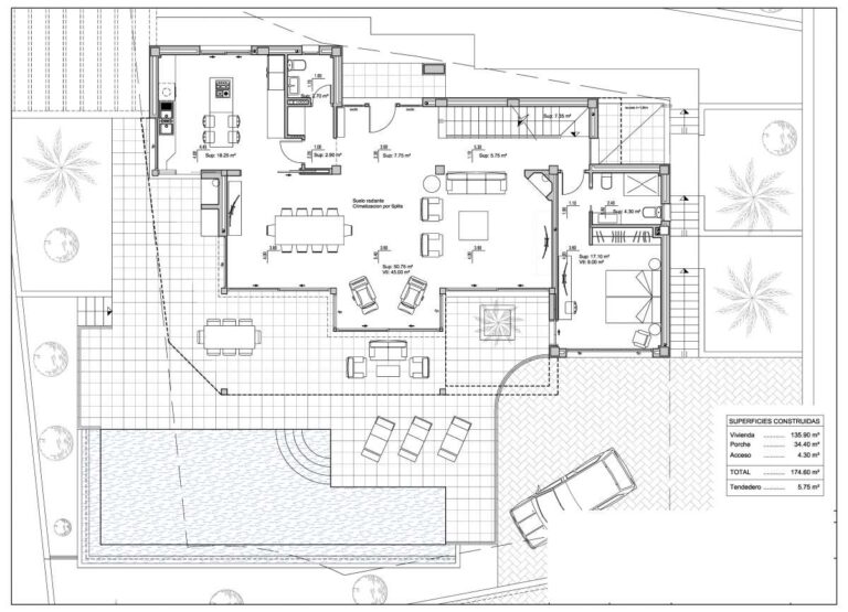 Main level floor plan for a luxury villa in Calpe showing open-plan living areas, kitchen, bedroom, terraces and infinity pool layout