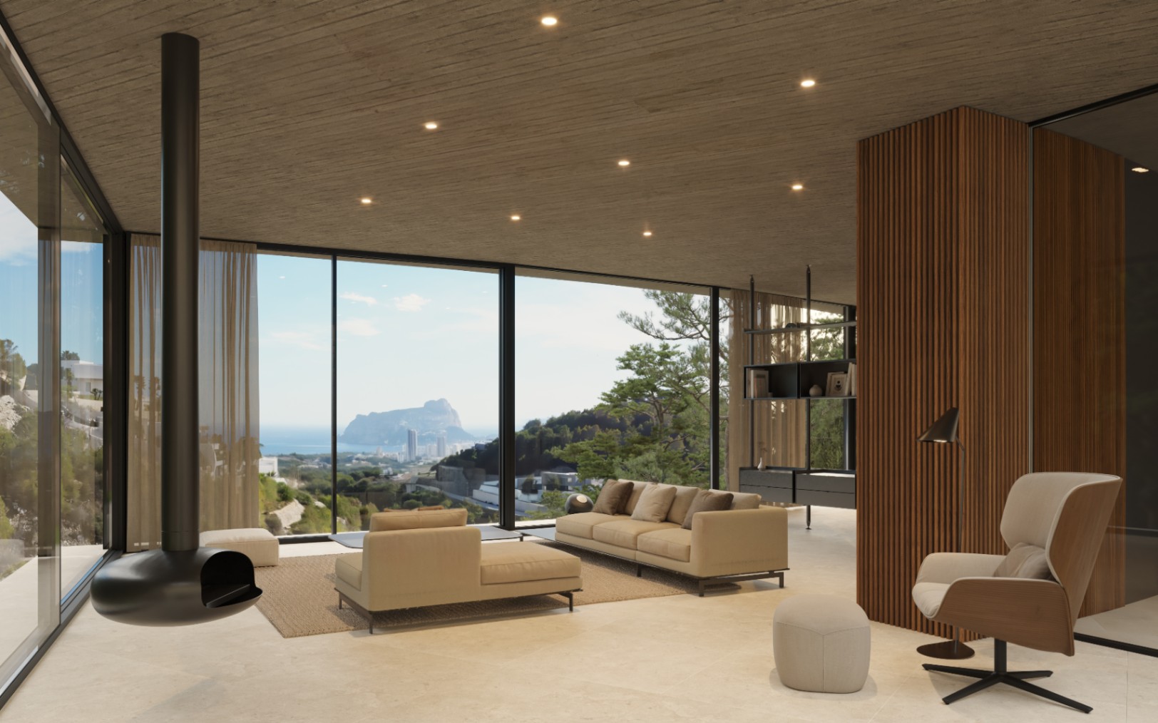 Modern living room with sea views at luxury villa in Benissa
