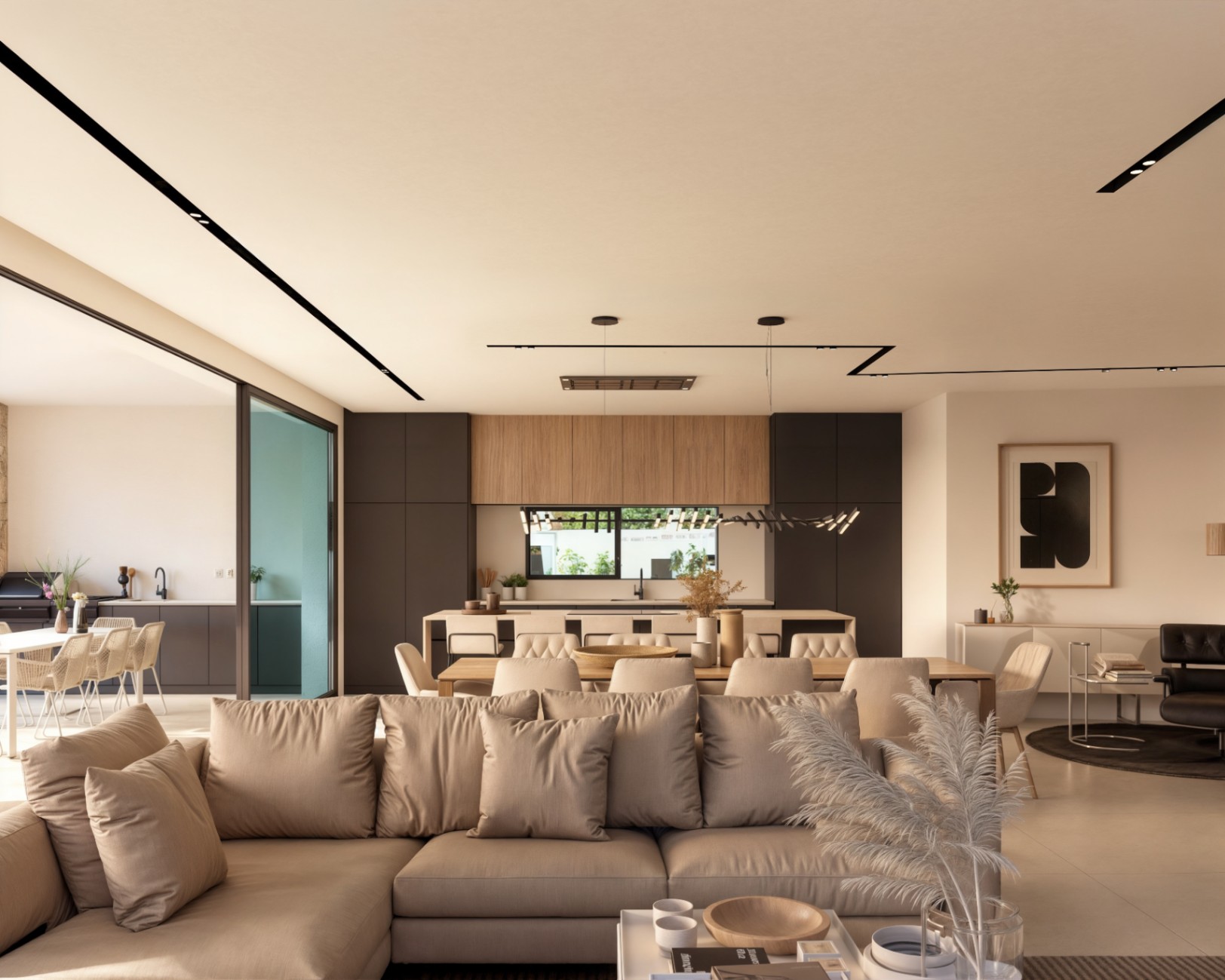Modern lounge and kitchen at sea view villa project in Moraira