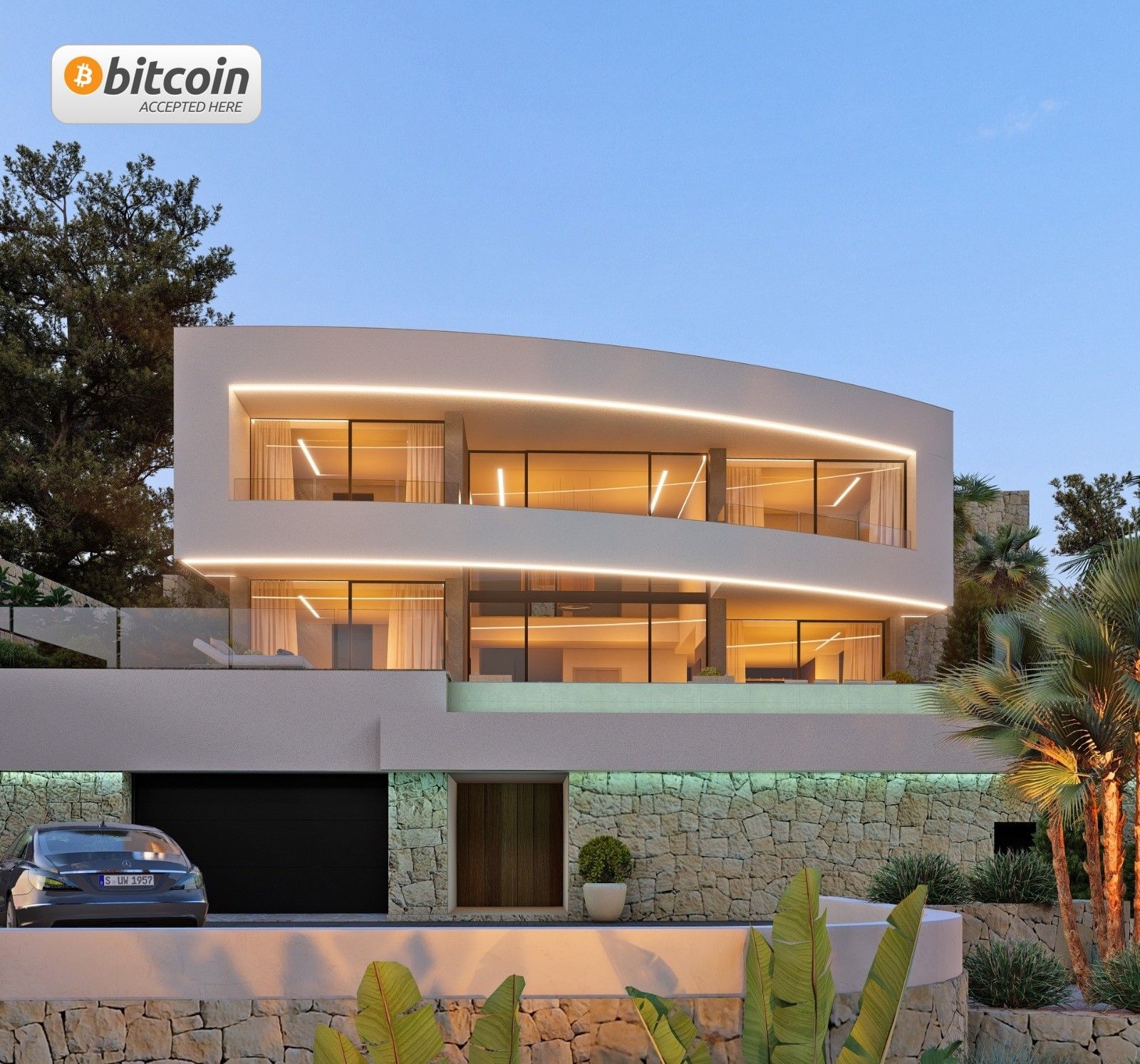 Modern sea view villa in Calpe with illuminated exterior and pool