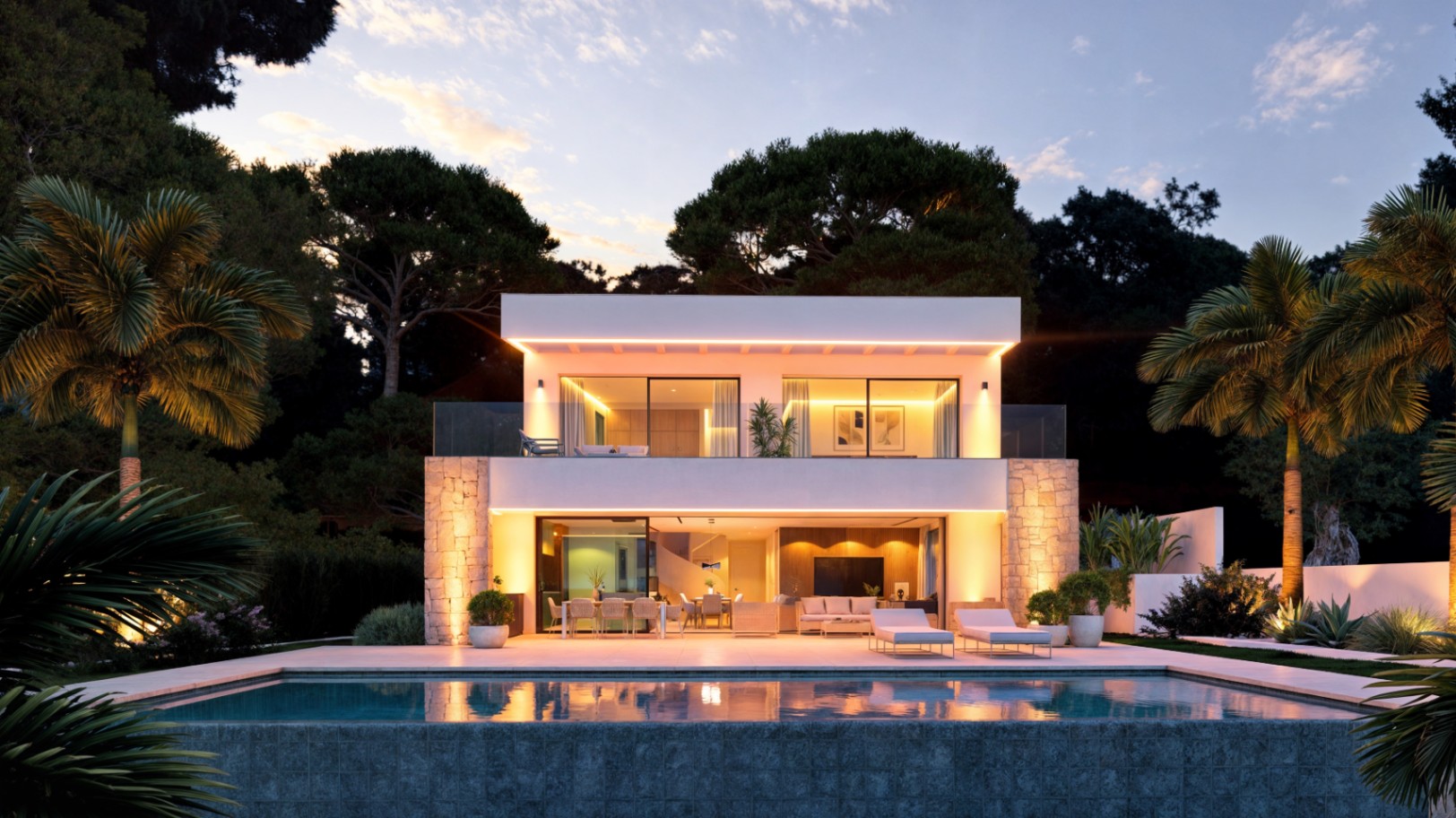 Modern sea view villa project in Moraira with illuminated exterior and pool
