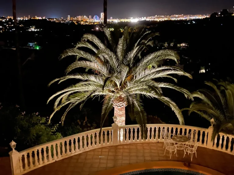 Night views over Calpe coastline from the terrace of a Mediterranean villa in Empedrola.