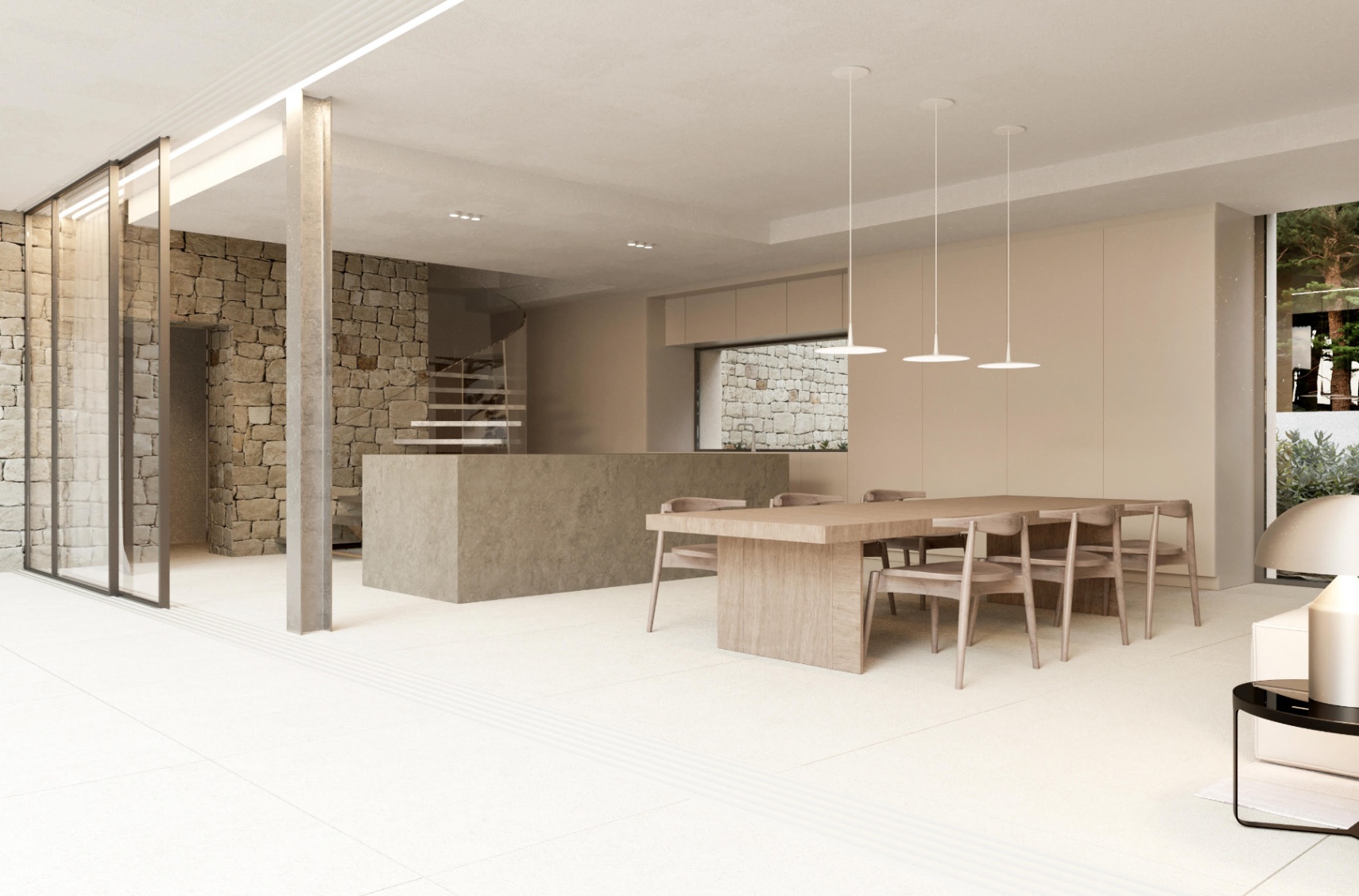 Open kitchen with island and dining area at new build villa in Moraira