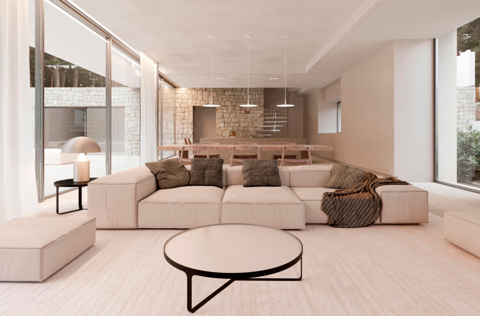 Open-plan living area at luxury new build villa in Moraira