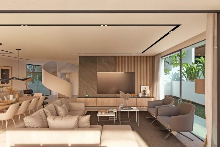 Open-plan living area at modern sea view villa project in Moraira