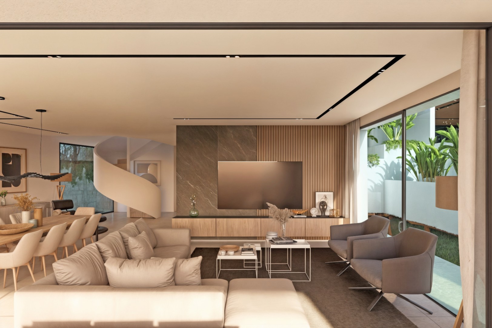 Open-plan living area at modern sea view villa project in Moraira