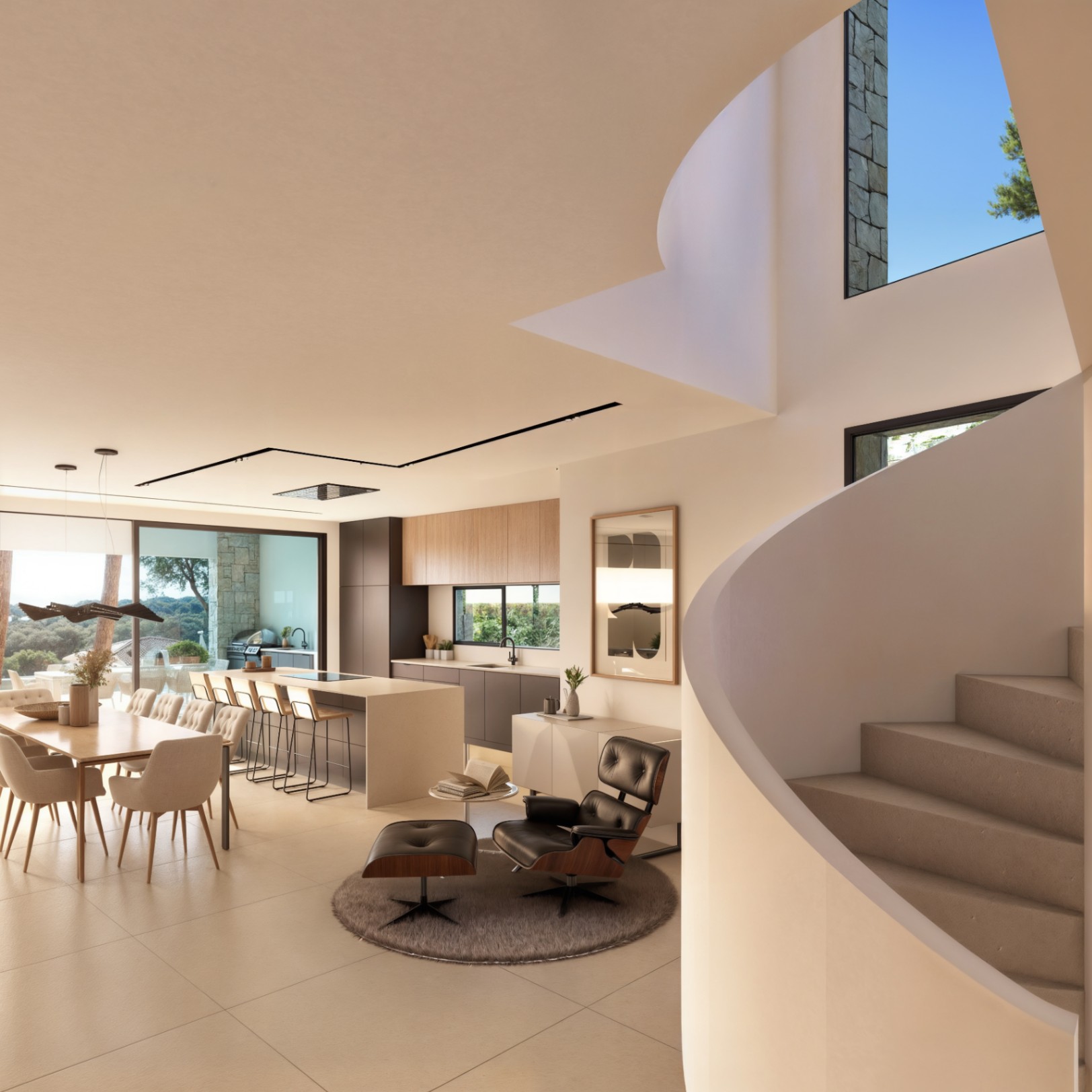 Open-plan living area with spiral staircase at modern villa project in Moraira