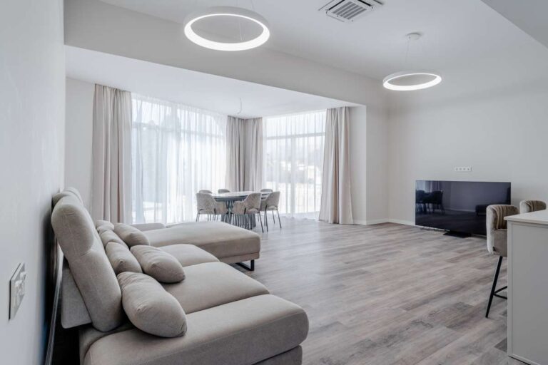 Open plan living room and dining area inside a new build villa for sale in Calpe near the coast