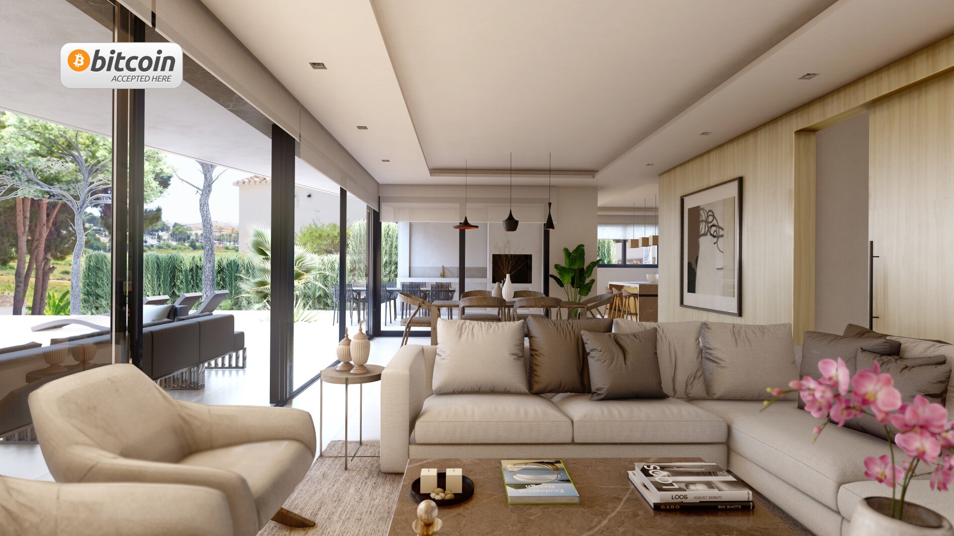 Open-plan living room with large glass doors at luxury villa in Moraira