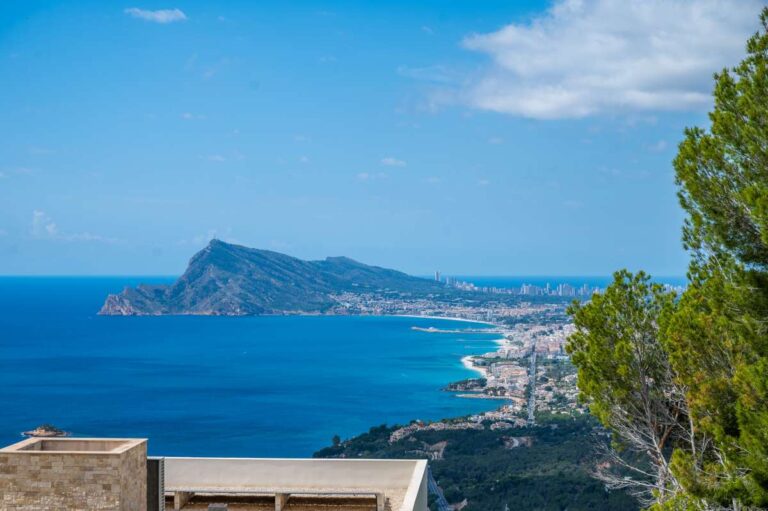 Panoramic sea views from a modern villa in Altea Hills showing the Mediterranean coastline, mountains and surrounding landscape