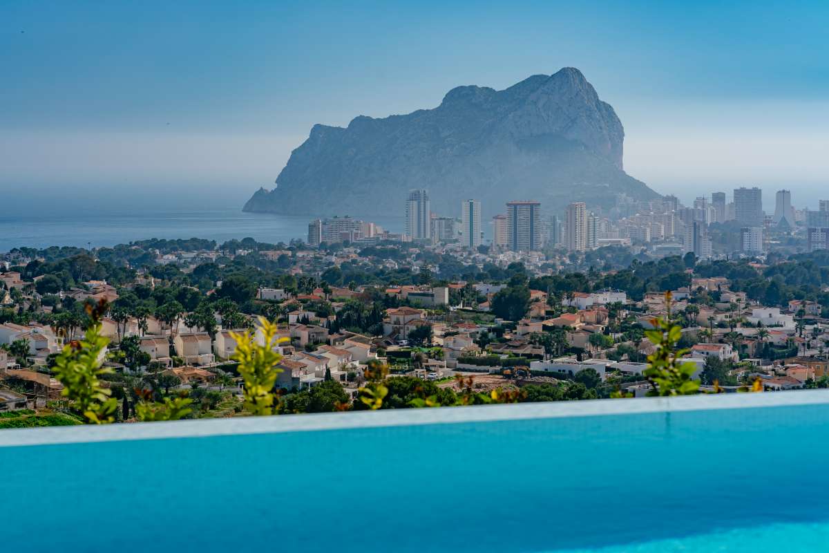 Panoramic views towards the Peñón de Ifach and Mediterranean Sea from a luxury villa in Gran Sol, Calpe.
