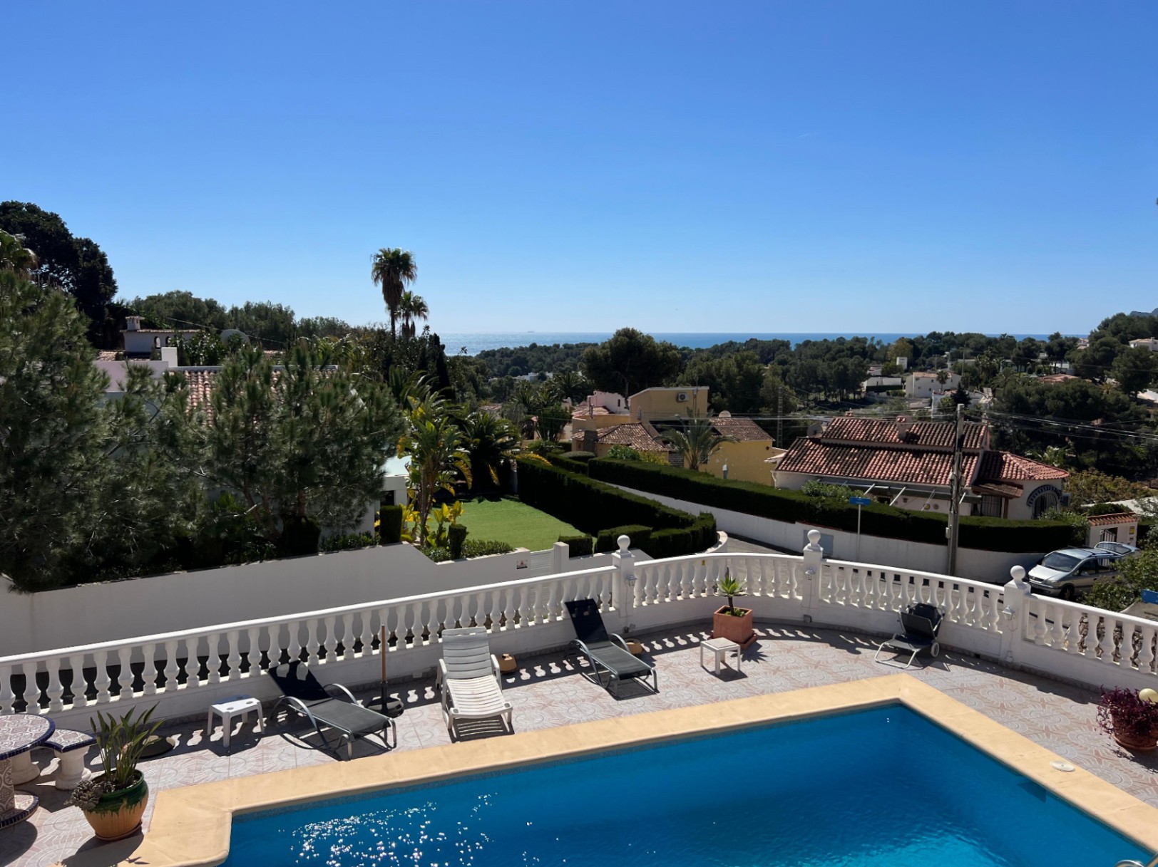 Pool terrace with panoramic views at villa in Buena Vista Benissa