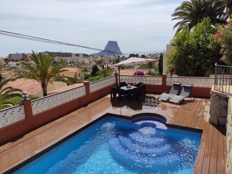 Pool terrace with views towards the Peñón de Ifach at a refurbished villa in Canuta, Calpe.