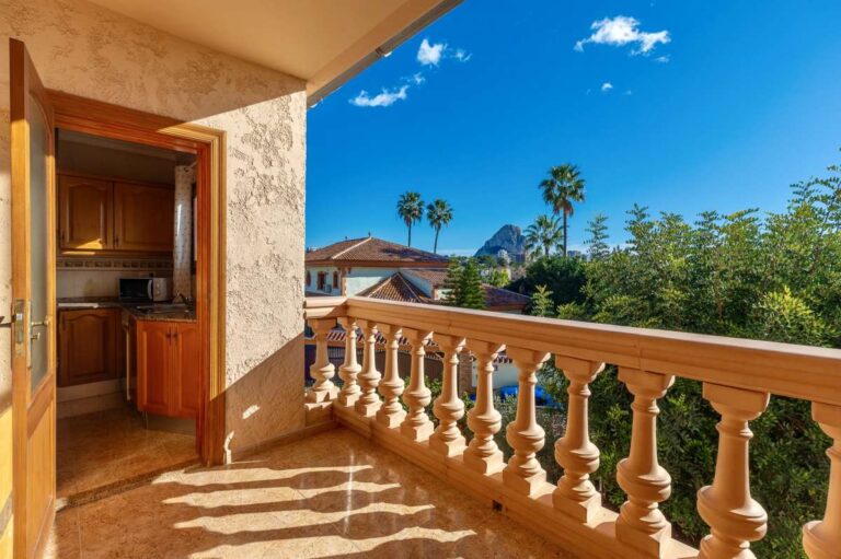 Private sunny terrace with open views from a guest apartment at a spacious villa with Peñón de Ifach views in Calpe.