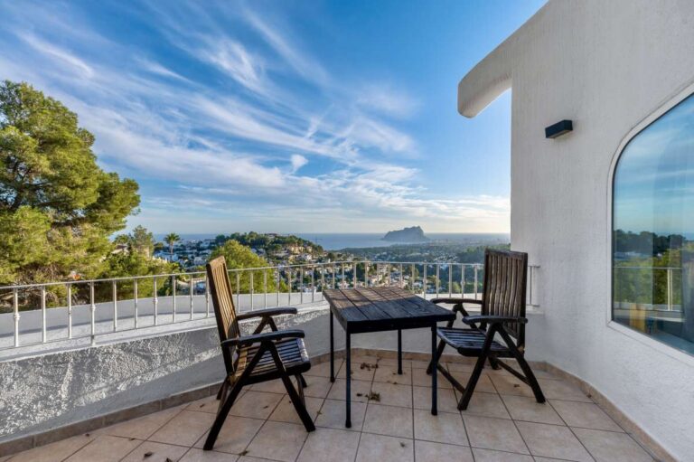 Private terrace at a panoramic sea view villa in Benissa with outdoor seating and views towards Calpe and the Peñón de Ifach