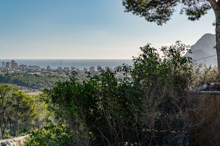 Sea views from a semi-detached house in Calpe with greenery, coastline and the Peñón de Ifach in the distance