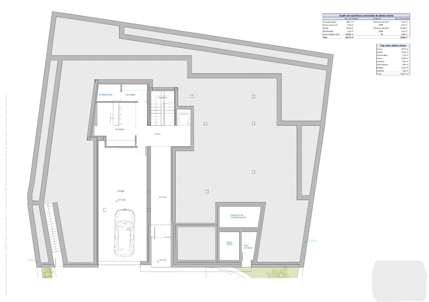 Semi-basement floor plan with garage at modern villa in Calpe