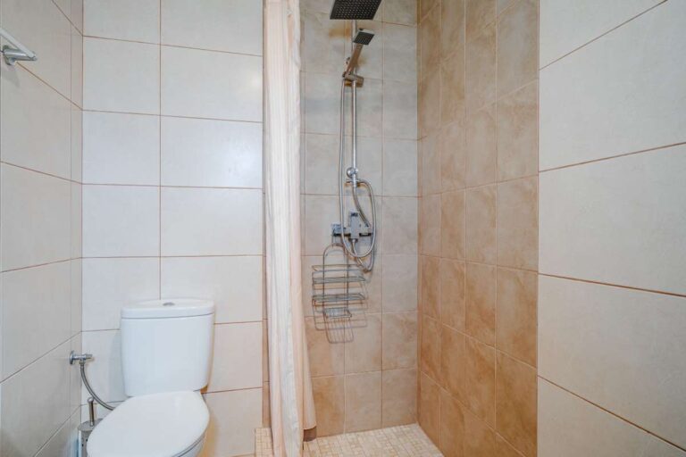 Shower room inside a historic finca in Benissa with toilet, walk-in shower and simple tiled finish
