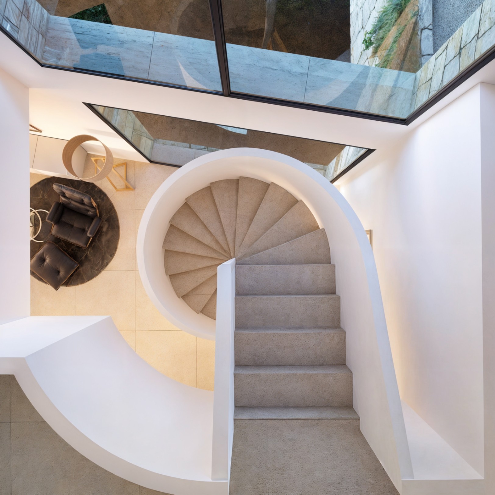 Spiral staircase inside modern sea view villa project in Moraira