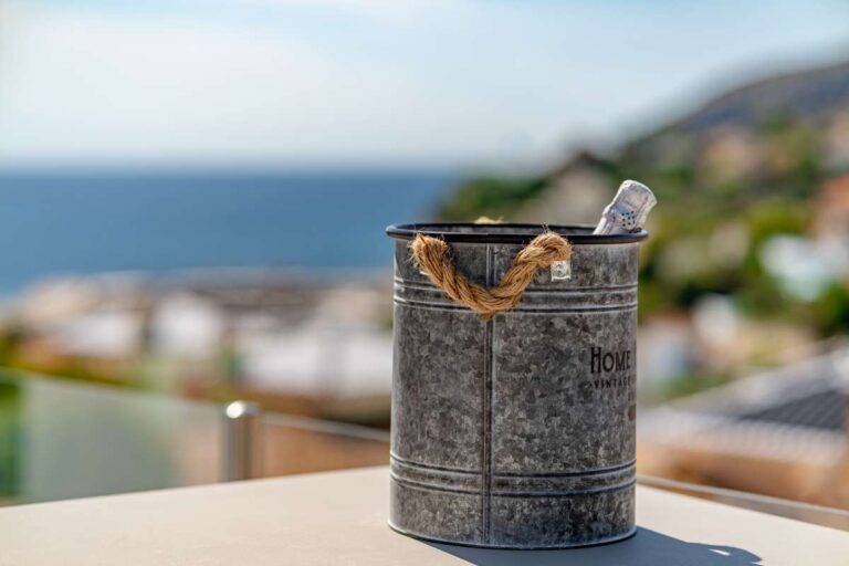 Terrace detail with sea views at a Mediterranean villa in Maryvilla, Calpe near the marina.