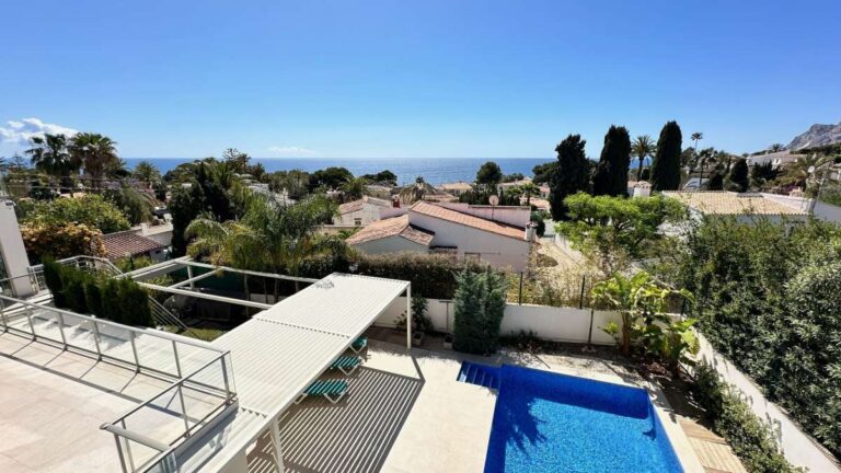 Terrace views from a modern luxury villa in La Calalga, Calpe with private pool, Mediterranean Sea views and surrounding villas