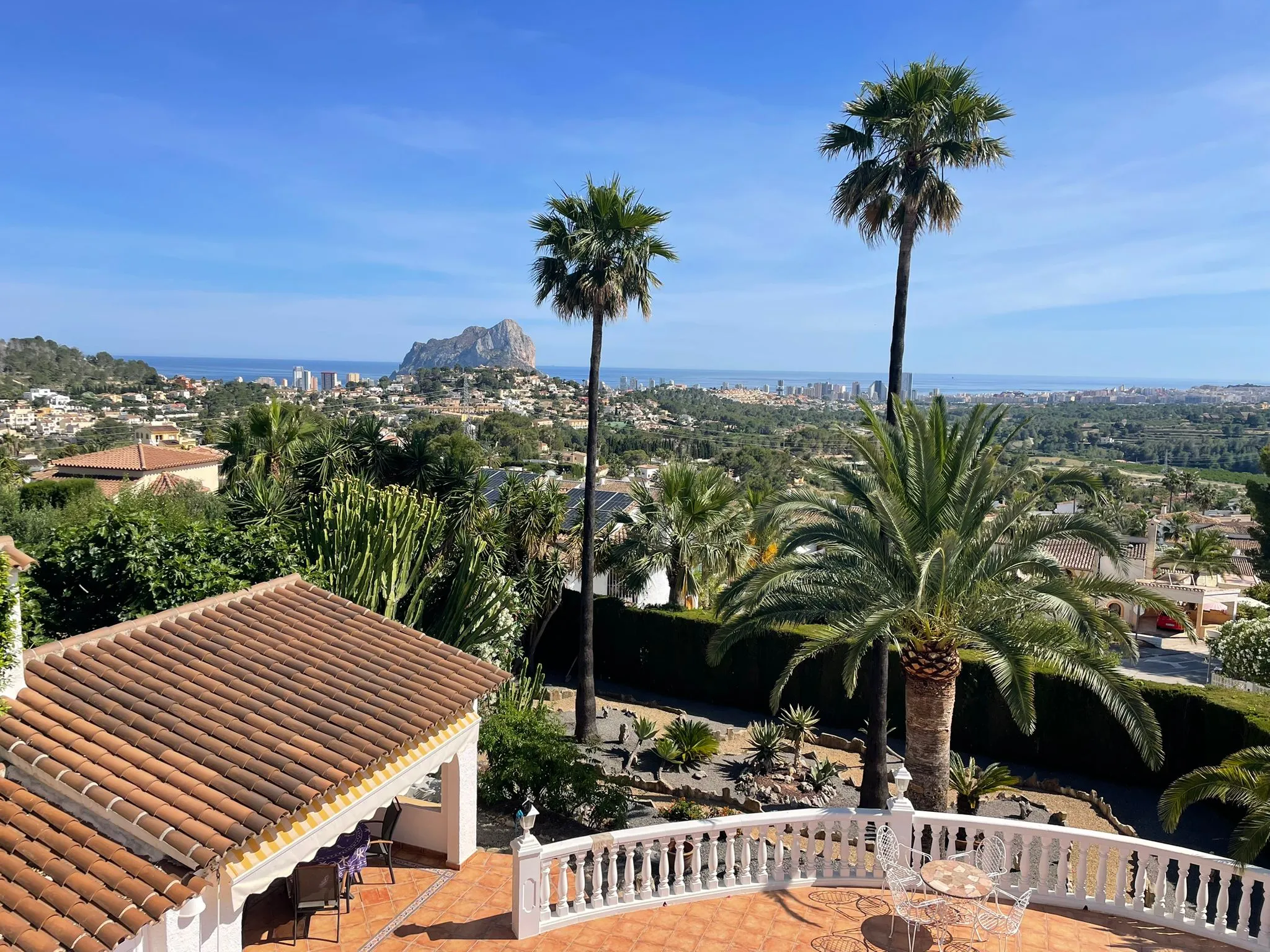 Terrace views towards the Peñón de Ifach and the Mediterranean Sea from a villa in Calpe.