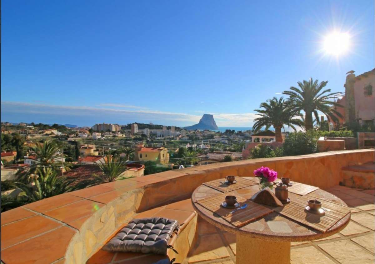 Terrace with sea views towards the Peñón de Ifach at a refurbished villa in Canuta, Calpe.