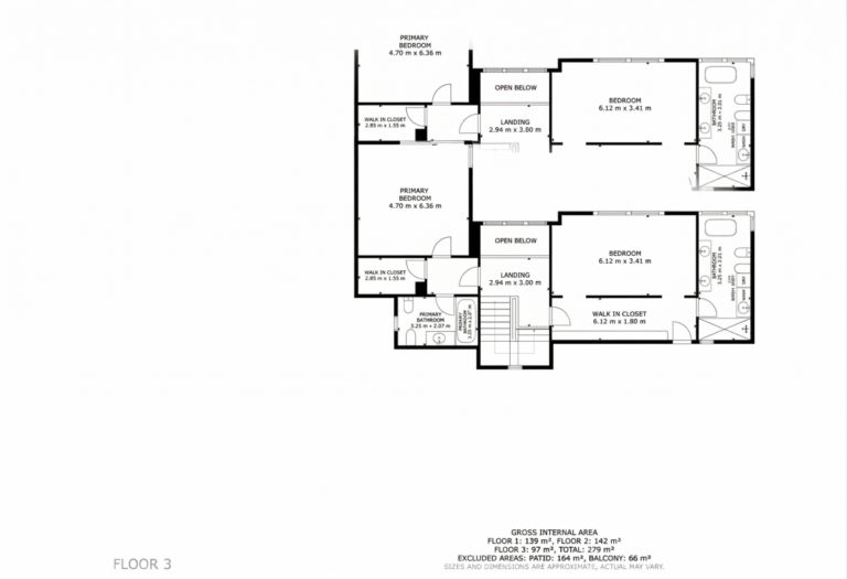 Upper floor plan for a modern luxury villa in La Calalga, Calpe showing bedroom suites, dressing areas, bathrooms and terrace access