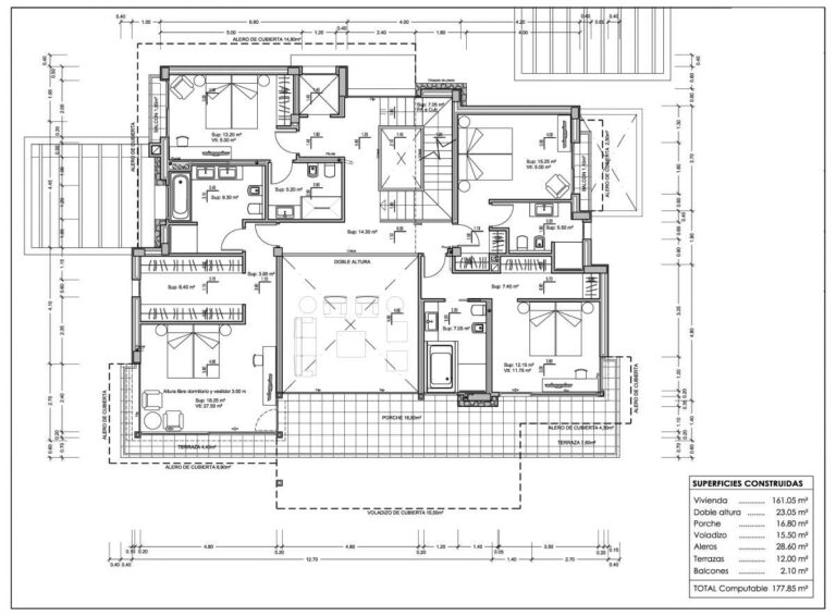 Upper floor plan for a modern villa in La Calalga, Calpe showing bedroom suites, bathrooms, dressing areas and terraces