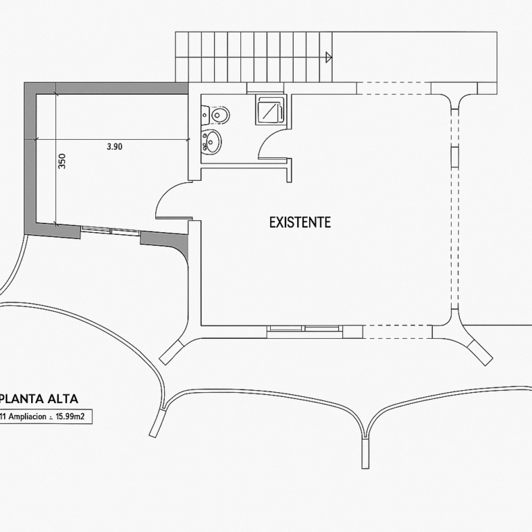 Upper floor plan for a panoramic sea view villa in Benissa showing existing interior space, bathroom layout and terrace areas