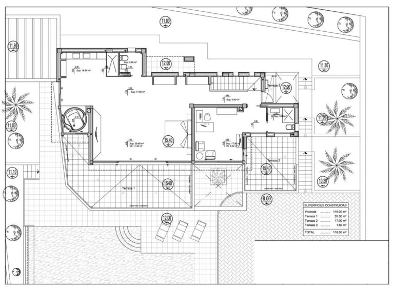 Upper level floor plan for a luxury villa in Calpe showing principal suite, bedroom layout, terraces and access areas