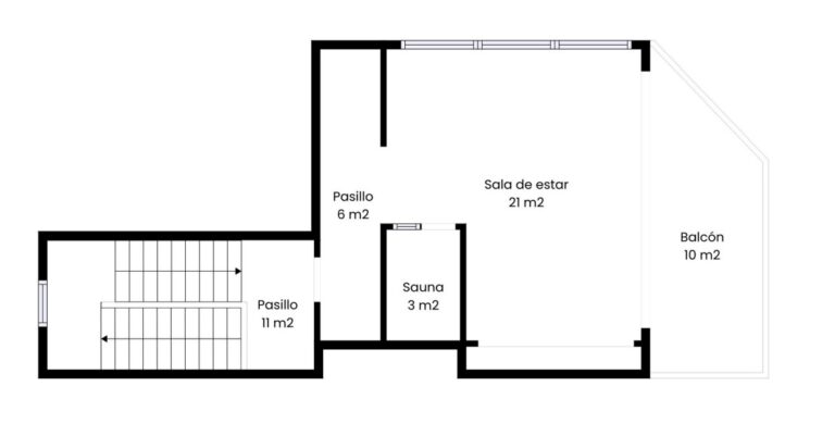 Upper-level floor plan of a private villa in Calpe showing sauna, jacuzzi, bathroom and terrace layout