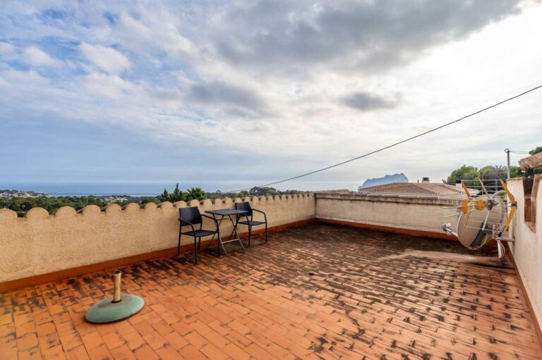 Upper terrace at a finca-style villa in Benissa Costa with sea views, Peñón de Ifach views, tiled flooring and outdoor seating