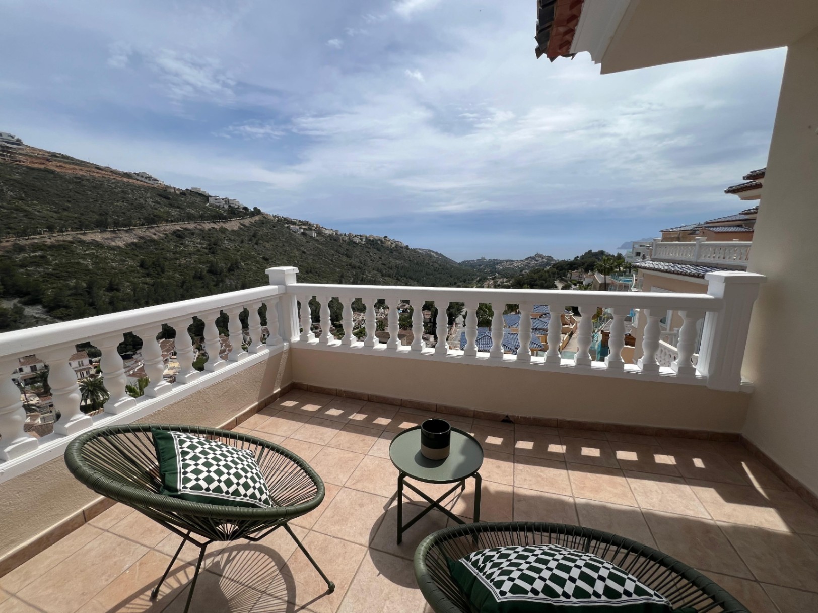 Upper terrace with open sea and valley views at modern villa in Moraira