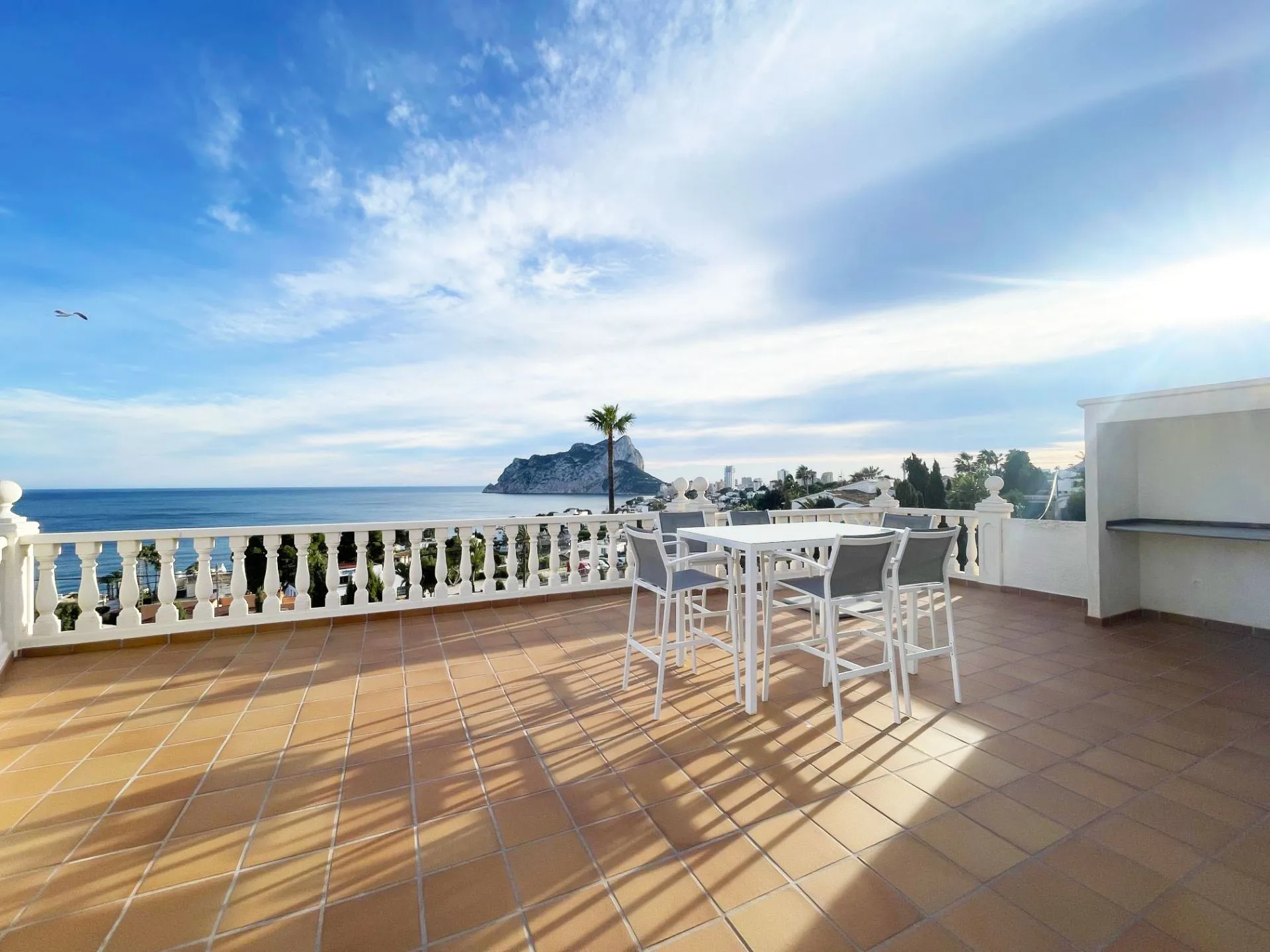 Upper terrace with sea and Peñón de Ifach views at renovated villa in Calpe