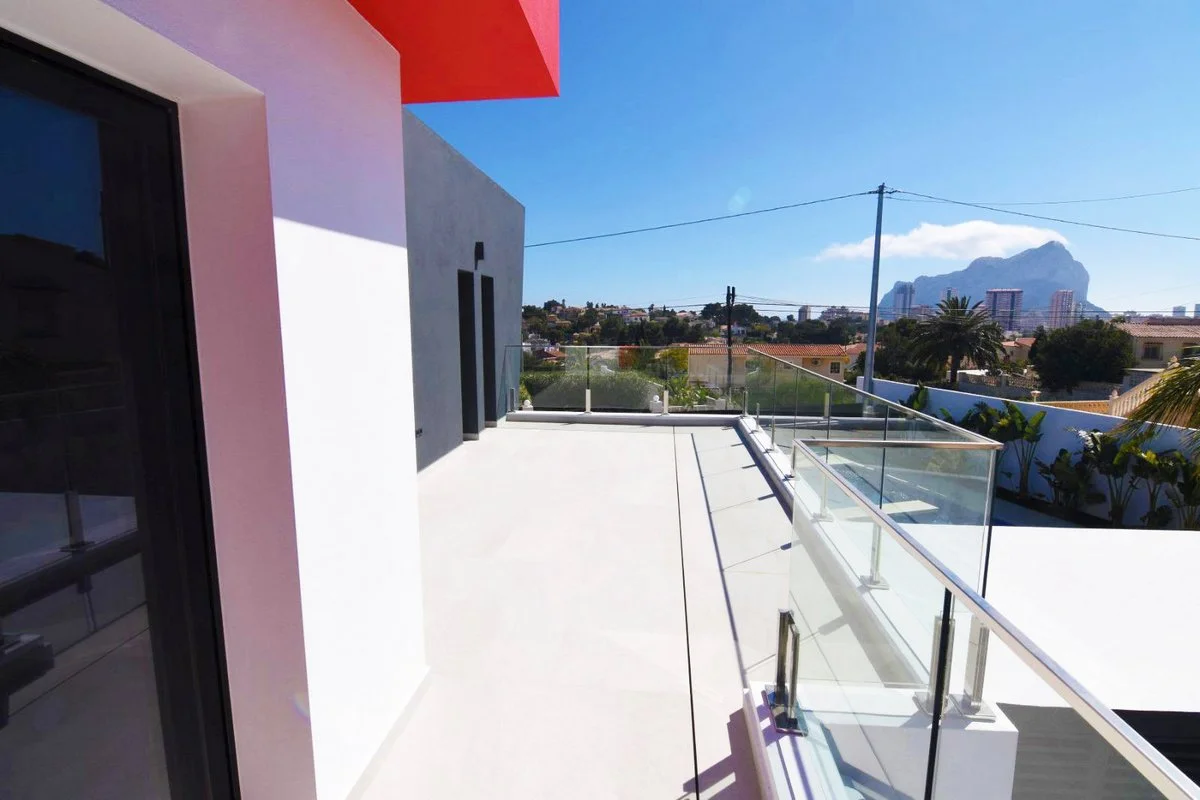 Upper terrace with views towards the Peñón de Ifach at modern villa in Calpe