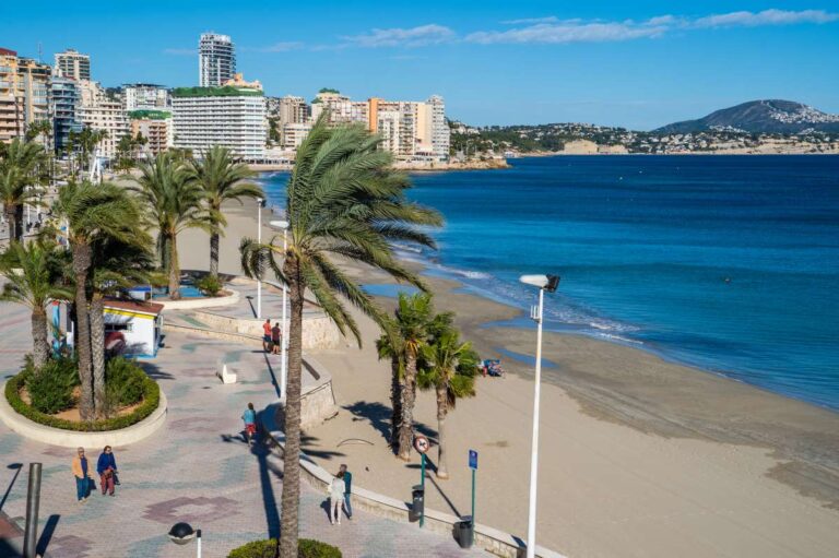 Views from a beachfront apartment by La Fossa Beach in Calpe showing the promenade, palm trees, sandy beach and Mediterranean Sea