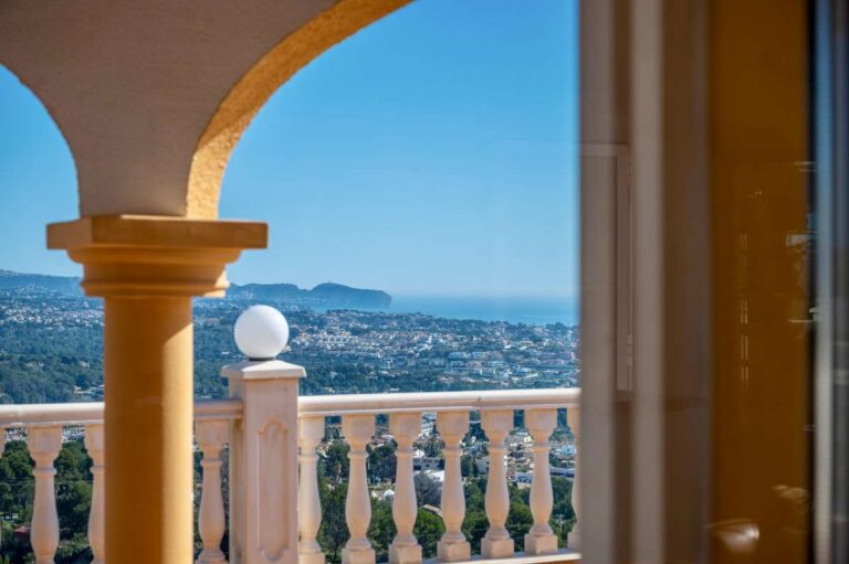 Views towards the Peñón de Ifach and Calpe from a covered terrace at a villa in Calpe.