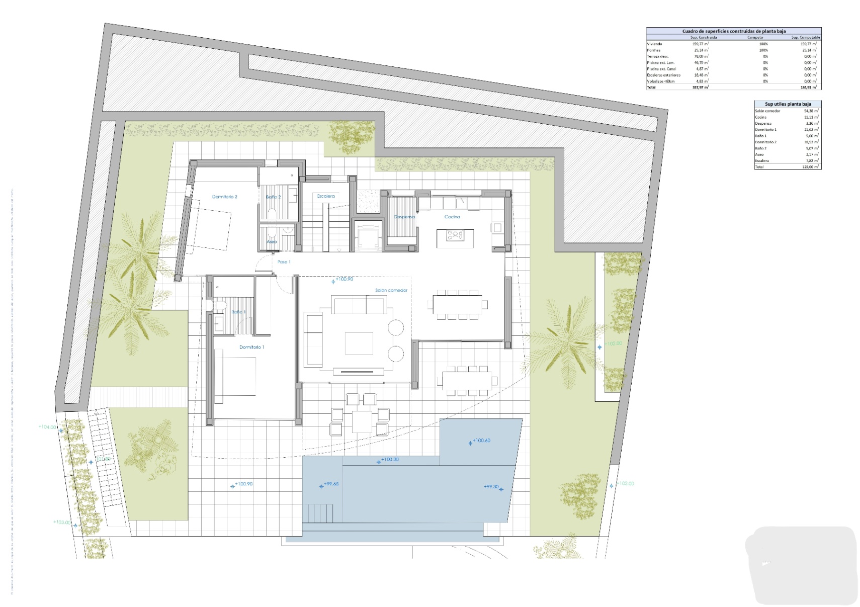 Villa layout plan with pool and terraces in Calpe