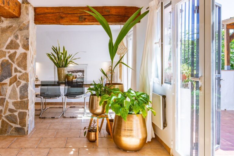 Dining area inside a Mediterranean villa near Cala Baladrar in Benissa Costa with terrace access, natural stone wall, indoor plants and bright windows