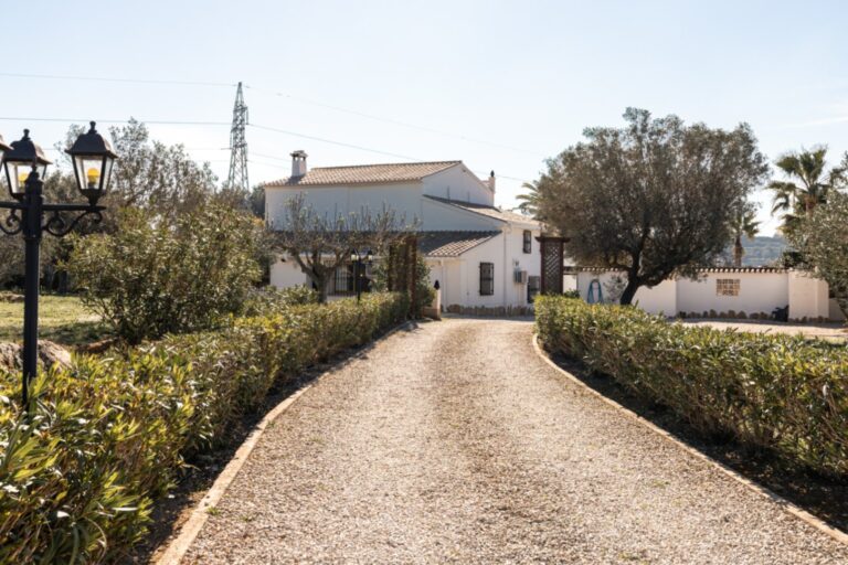 Private driveway at a renovated finca near Teulada and Moraira with gravel entrance, mature hedging, olive trees and countryside surroundings