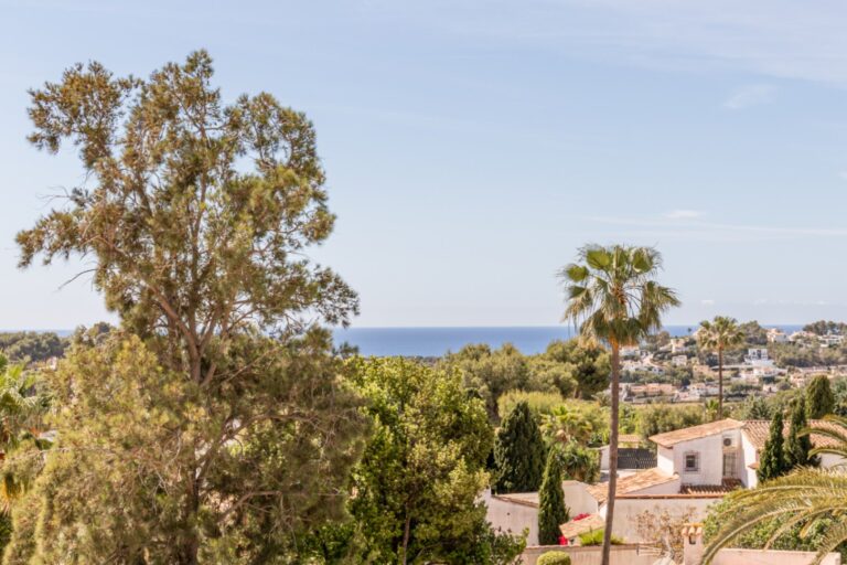 Sea views from a renovated Mediterranean villa in Moraira with palm trees, surrounding homes, greenery and coastline in the distance