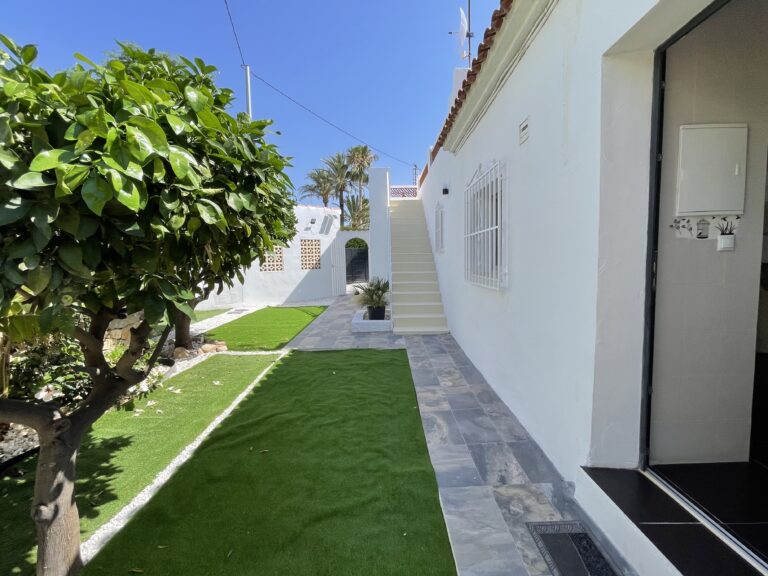 Side garden with fruit trees and artificial grass at a villa for sale in Calpe