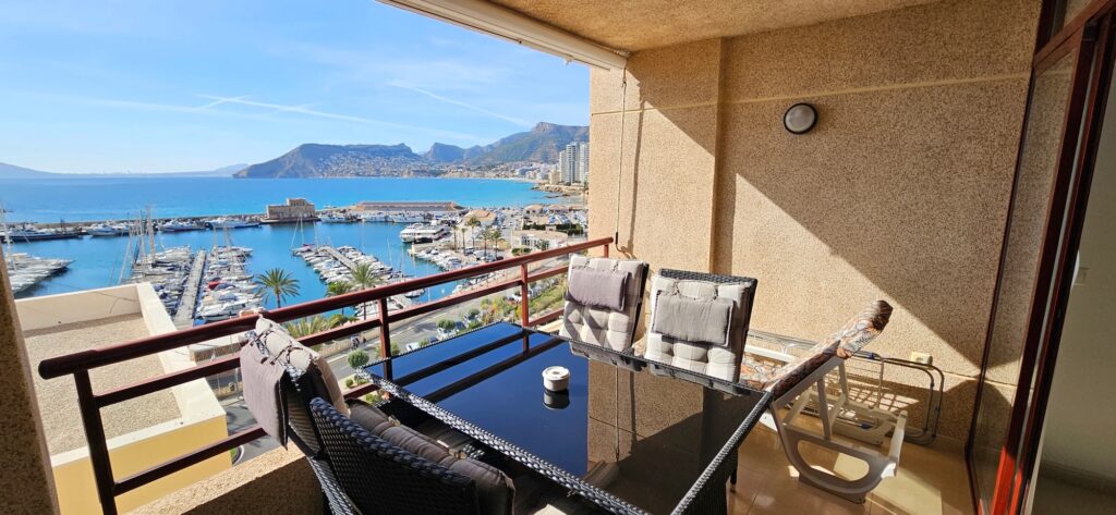 Balcony view from Apartment Marina overlooking Calpe marina and the Mediterranean